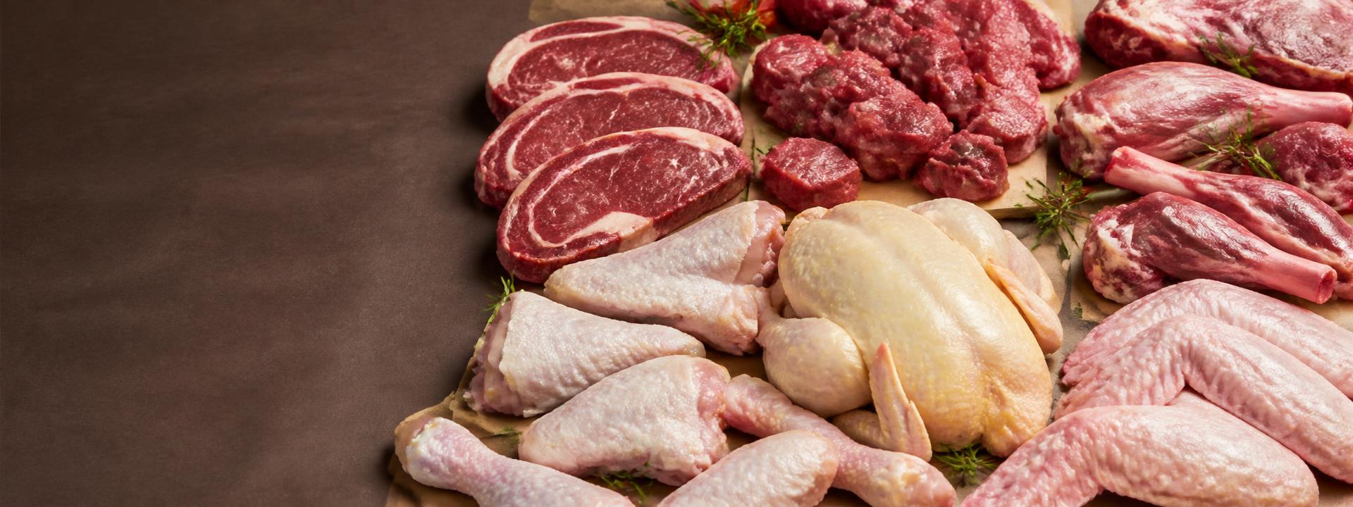 Fresh beef, chicken, goat and turkey cuts ready for cooking
